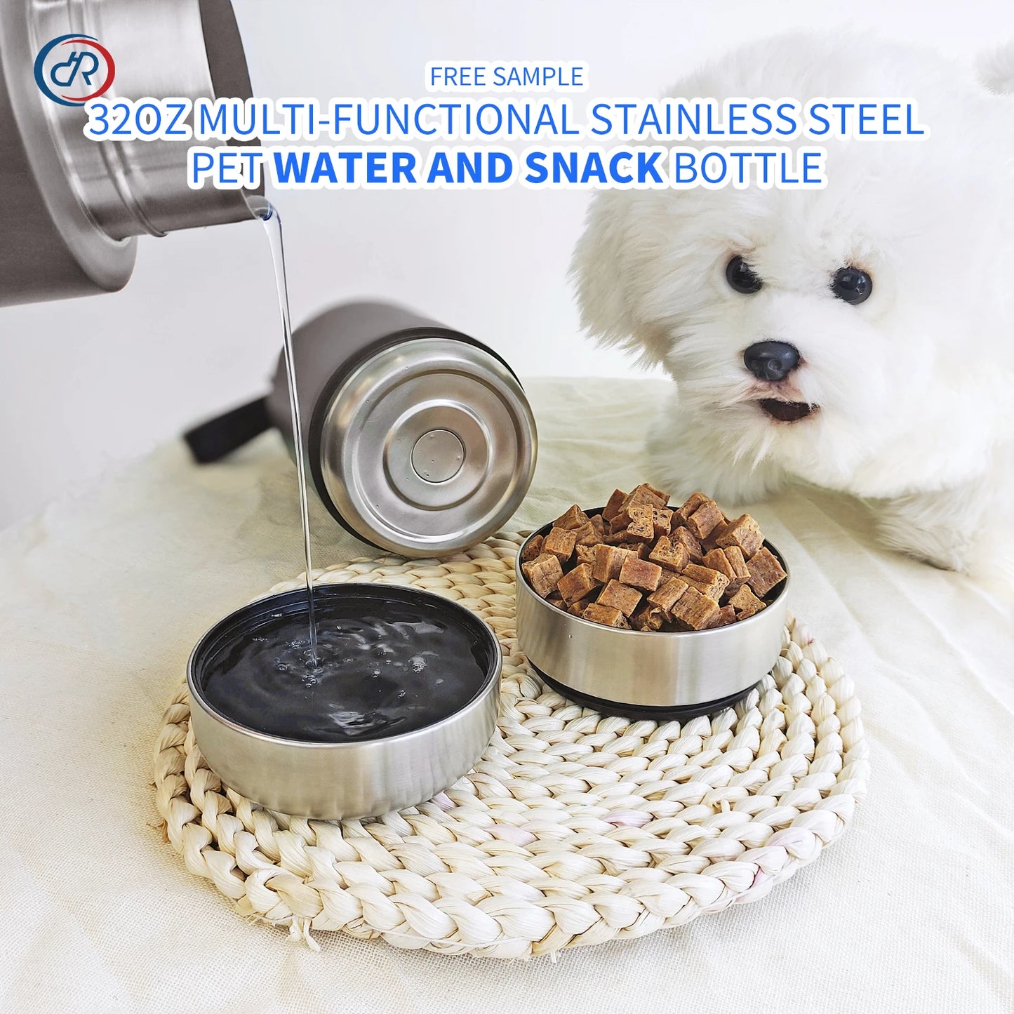 Adventure-Ready 3-in-1 Stainless Steel Dog Water Bottle: 32oz Insulated Travel Feeder with Detachable Bowls for Food & Water