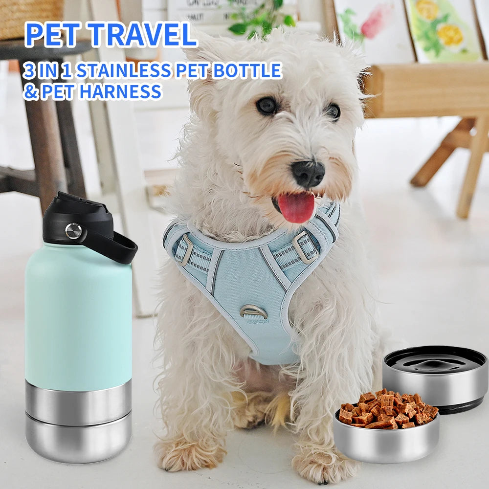 Adventure-Ready 3-in-1 Stainless Steel Dog Water Bottle: 32oz Insulated Travel Feeder with Detachable Bowls for Food & Water