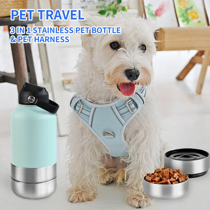 Adventure-Ready 3-in-1 Stainless Steel Dog Water Bottle: 32oz Insulated Travel Feeder with Detachable Bowls for Food & Water