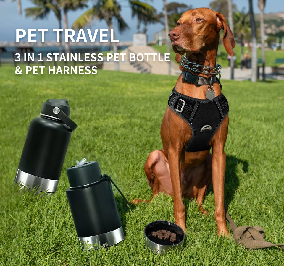 Adventure-Ready 3-in-1 Stainless Steel Dog Water Bottle: 32oz Insulated Travel Feeder with Detachable Bowls for Food & Water