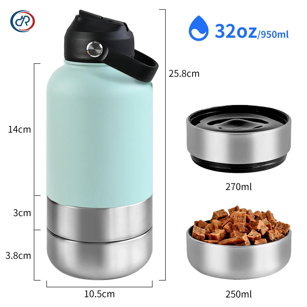 Adventure-Ready 3-in-1 Stainless Steel Dog Water Bottle: 32oz Insulated Travel Feeder with Detachable Bowls for Food & Water