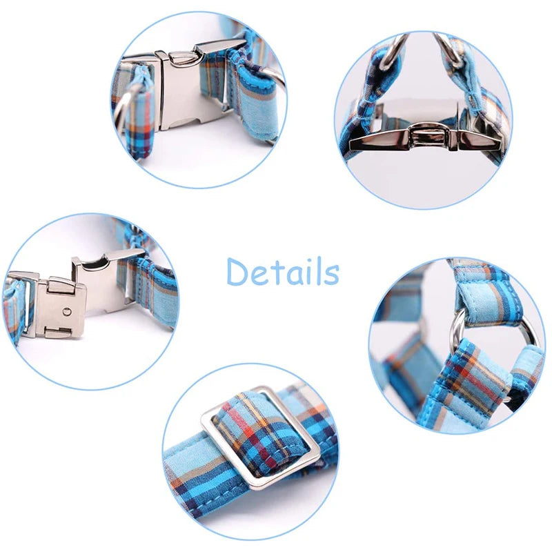 Oxfordshire Plaid Blue Dog Harness with Bowtie and Leash Collection