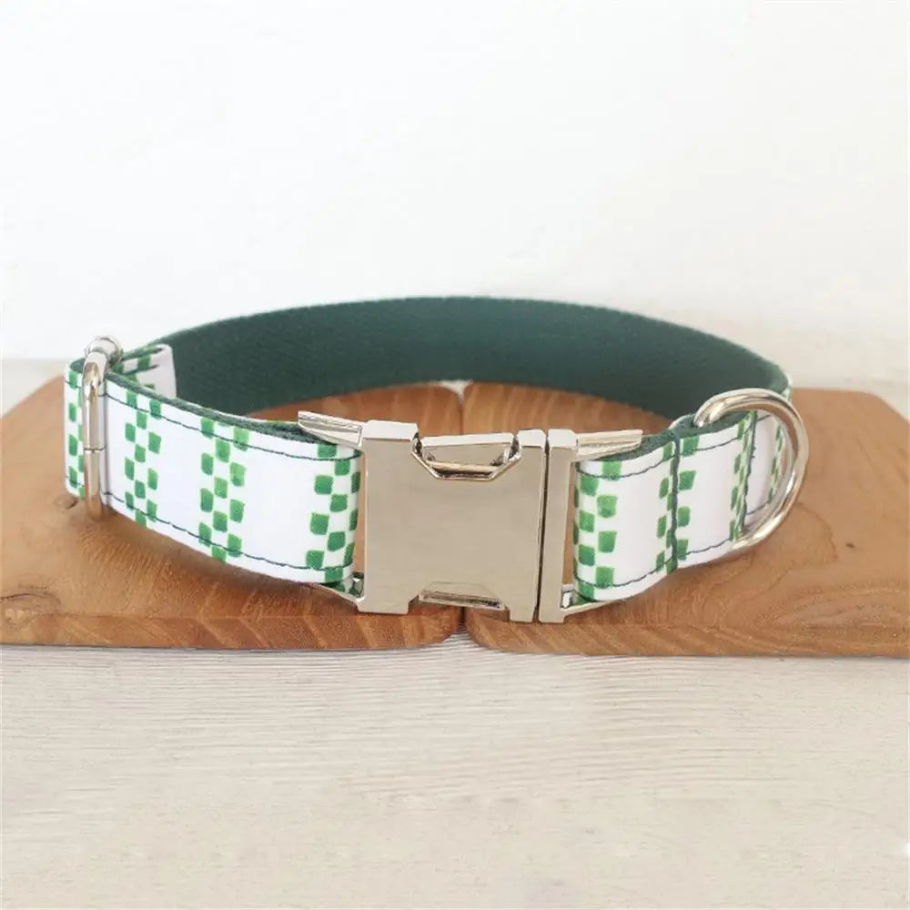 Personalized White with Green Cube Collar & Leash Sets