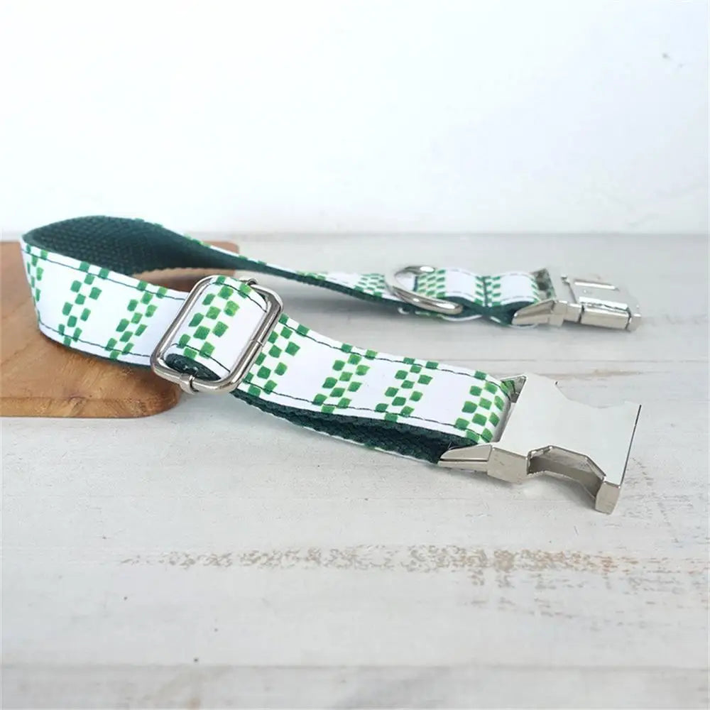 Personalized White with Green Cube Collar & Leash Sets