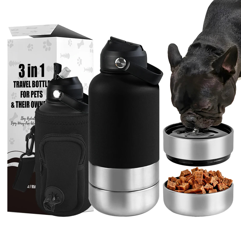 Adventure-Ready 3-in-1 Stainless Steel Dog Water Bottle: 32oz Insulated Travel Feeder with Detachable Bowls for Food & Water