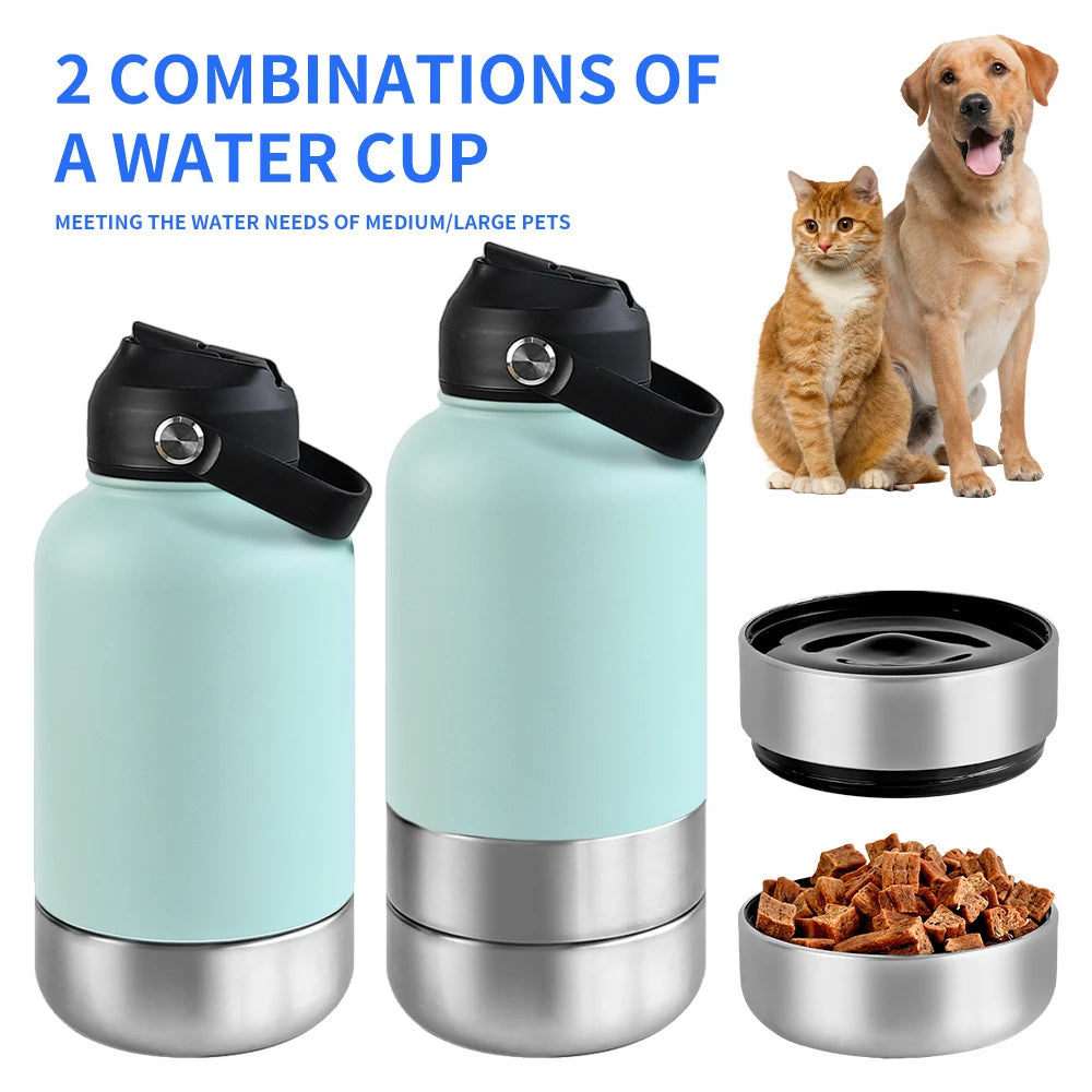 Adventure-Ready 3-in-1 Stainless Steel Dog Water Bottle: 32oz Insulated Travel Feeder with Detachable Bowls for Food & Water