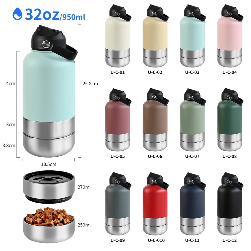 Adventure-Ready 3-in-1 Stainless Steel Dog Water Bottle: 32oz Insulated Travel Feeder with Detachable Bowls for Food & Water