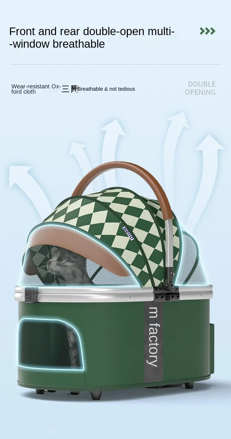 Bello in Green & White - Opulent Pull Rod Pet Buggy with Removeable Carrier