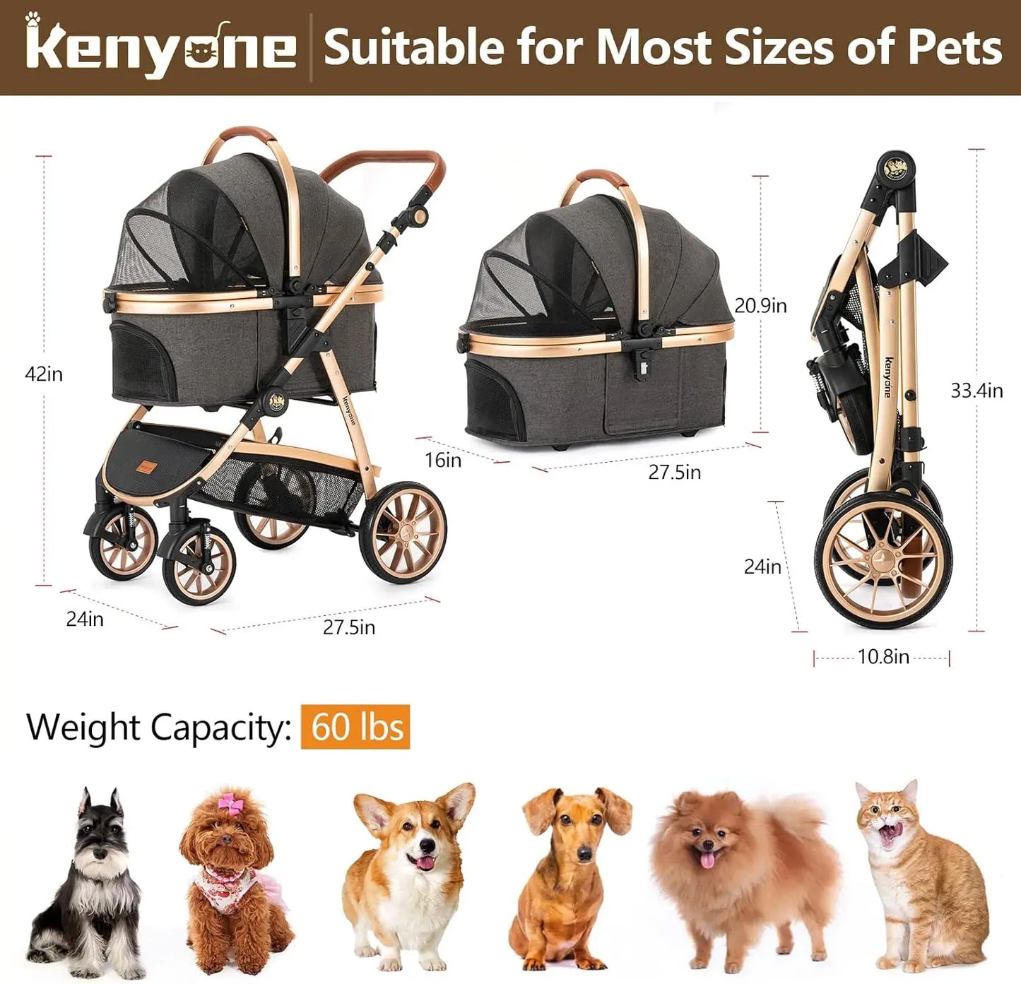 Luxury 3-in-1 Pet Stroller w/ Detachable Carrier - the Perfect Dog Buggy!