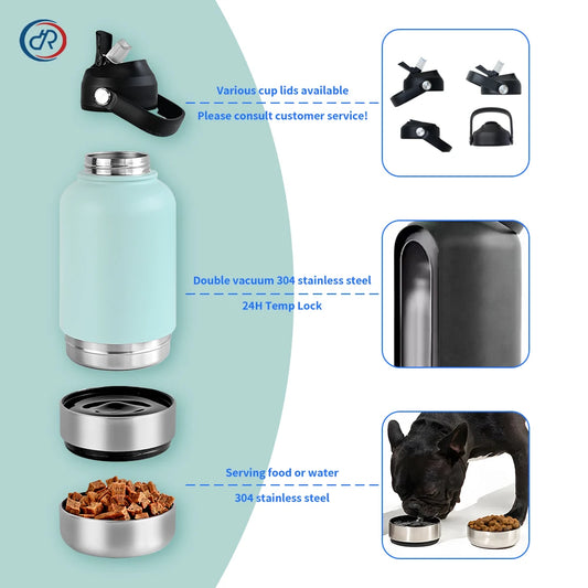 Adventure-Ready 3-in-1 Stainless Steel Dog Water Bottle: 32oz Insulated Travel Feeder with Detachable Bowls for Food & Water