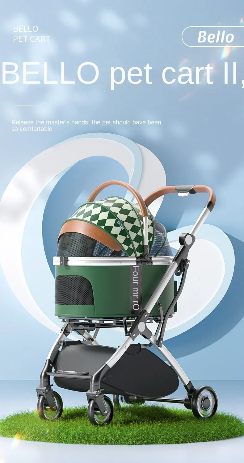 Bello in Green & White - Opulent Pull Rod Pet Buggy with Removeable Carrier