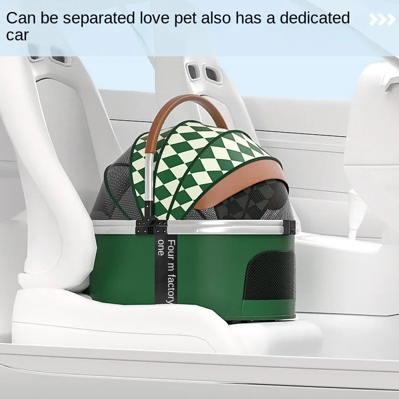 Bello in Green & White - Opulent Pull Rod Pet Buggy with Removeable Carrier