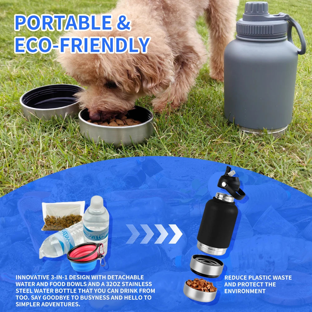 Adventure-Ready 3-in-1 Stainless Steel Dog Water Bottle: 32oz Insulated Travel Feeder with Detachable Bowls for Food & Water