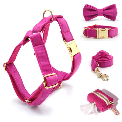 Prague Fuchsia Velvet Personalized Dog Harness, Collar & Leash Collection – Elegant, Customized Luxury for Discerning Dog Lovers