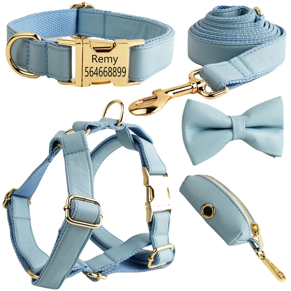 Coastal Blue Leather Personalized Harness & Leash Collection