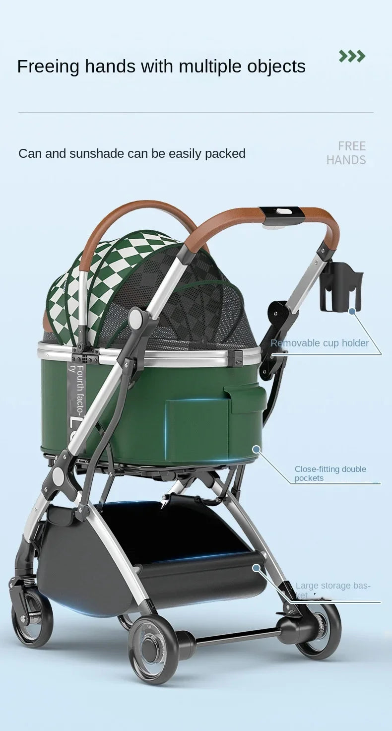 Bello in Green & White - Opulent Pull Rod Pet Buggy with Removeable Carrier