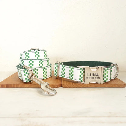 Personalized White with Green Cube Collar & Leash Sets